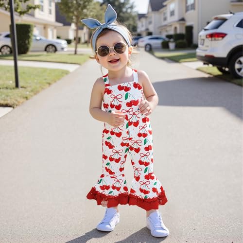 Emmababy Cherry Outfit Toddler Girl Bell Bottom Romper Fruit Print Jumpsuit Suspender Flare Pants Kids Wide Leg Overalls 1-6T3