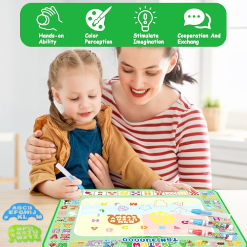 Image of PATPAT 100x80CM Reusable Magic Water Doodle Mat for Kids, Fruit & Animal Park Educational Drawing Toys Mat with Water Pens, Roller Stamps, Templates & Guide Birthday Gift for Kids
