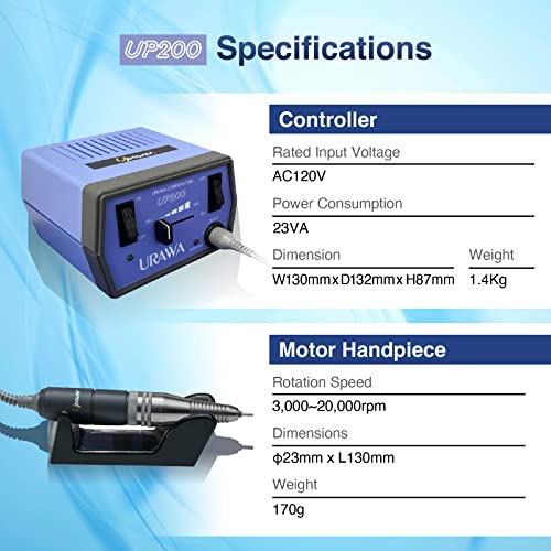 [Upower] UP200 Professional Nail Drill Machine, 20000 RPM Electric File for Nails, Low Noise & Low Vibration (Made in Japan) Produced by URAWA Corp.