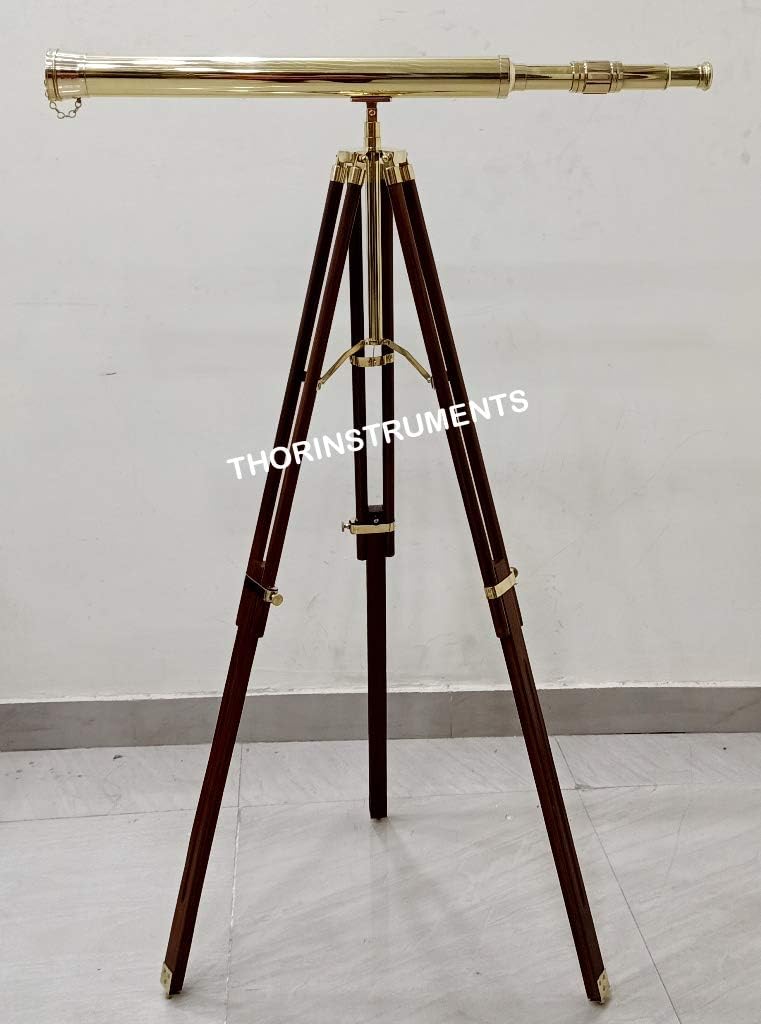 Shiny Brass Nautical Single Barrel Telescope Wooden Tripod Ideal Home Decor Brass Finish & Brown Rustic Vintage Home Decor Gifts
