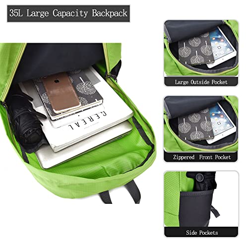 HYCOPROT 35L Packable Backpack Ultra Lightweight Foldable Rucksack Water Resistent Breathable Bag for Men Women Outdoor Camping Walking Hiking Climbing Travel Daypack (Green-1) - Image 4