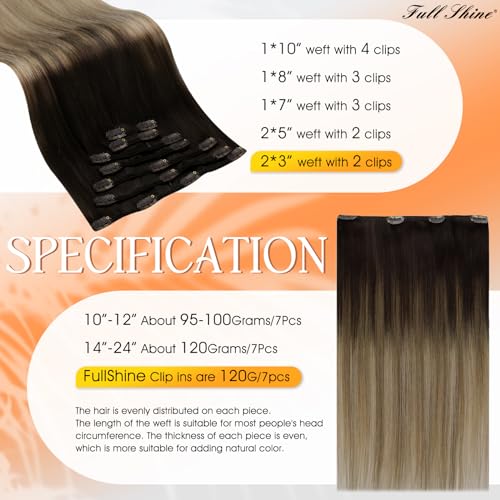 Image of Full Shine Clip in Real Hair Extensions, Dark Brown to Ash Blonde, 14 Inch