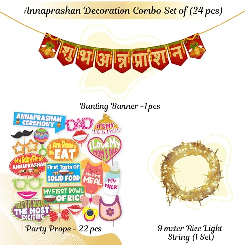 Image of Wobbox Shubh Annaprashan Decoration Items Set which Includes Baby annaprashan Ceremony Props, Subh Annaprashan Banner, Rice Light Decoration, Rice Ceremony Decorations Items(27 Pcs Set)(FP5695)