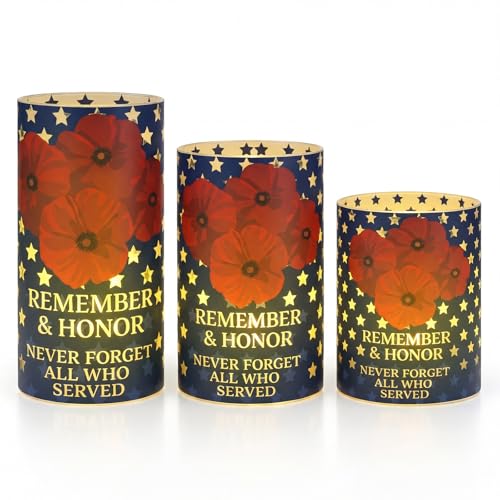 Baquler 3 Set Memorial Day Poppy Flameless Candles Patriotic Poppy Themed Lampshade with LED Tea Lights White Blue Red Poppys Star Candle Decorations for Patriotic Memorial Day Tabletop Home Decor