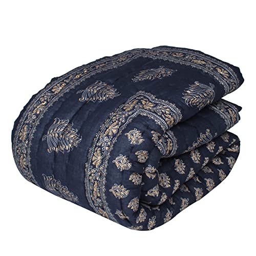 Generic Rajasthani Quilt, 300TC Double Bed, Jaipuri Razai, Organic Pure Cotton, Blue, 85 x 100 inches, Handmade, Hand Block Printed, Breathable, Hypoallergenic, All Season, Modern, Adult, Camping