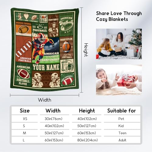 Custom Football Blanket - 40x50 Inches Sports Throw Blanket for Boys Kids - Green Soft Fuzzy Blankets for Couch, Sofa & Office