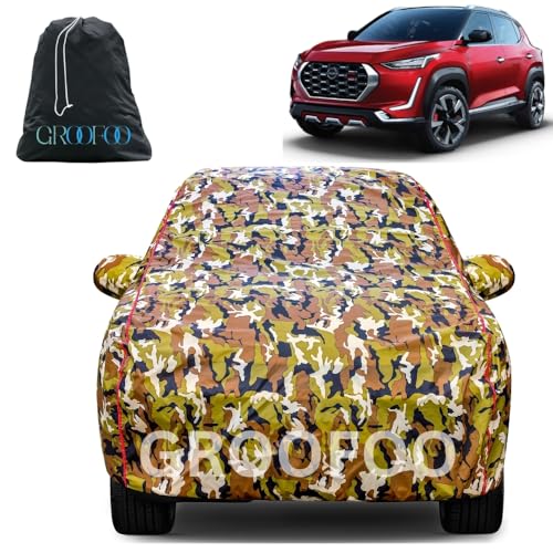 Image of GROOFOO Waterproof Car Body Cover with Mirror Pockets Compatible with Nissan Magnite | Triple Stitch Blue Piping Car Cover UV & Dust Proof All-Weather Protection, Adjustable Buckle (Army and Red)