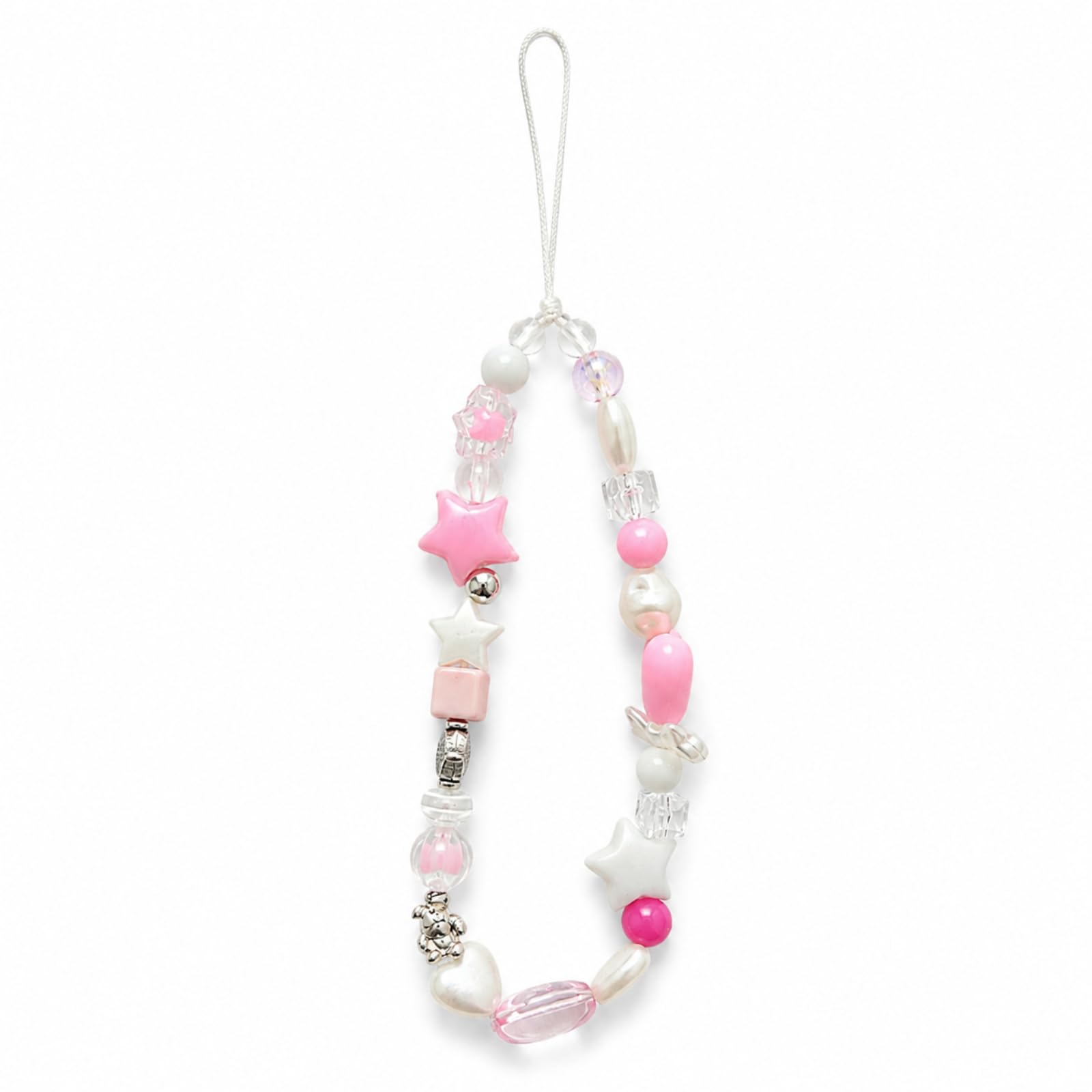Pink & White Beaded Mobile Charm with Star, Heart, Pearl-Look & Transparent Beads, Cute Phone Hanging Strap with White Cord Loop, Decorative Phone Lanyard Accessory for Girls & Women-image-44