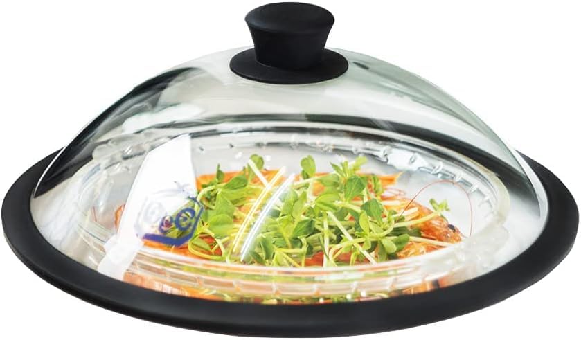 OEC Vented Splatter Guard Microwave Glass Cover with Easy Grip handle - 100% Food Grade Tempered Glass & BPA Free Silicone Rim. Compatible with Plates, Dishwasher Safe - 12.5” diameter – Black