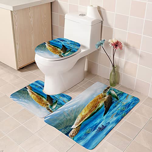 3 Teilig Badematte Set Blaue Schildkröte 3D Badematten Set rutschfest, Badezimmerteppich,U-förmiger WC-Vorleger,WC…