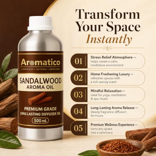 Image of AROMATICO Sandalwood Diffuser Oil, with Chandan Essential Oil | Refresh Homes, Offices & Showrooms | Aromatherapy, Diffusers, Air Purifiers, Vaporizers - 500ML