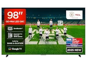 Fernseher TCL 98Q8C 98 Zoll QD-Mini LED, 4K HDR Premium 5000, ZeroBorder™, Smart Google TV CrystGlow WHVA-Panel, Audio von Bang & Olufsen, 144Hz Motion Clarity Pro, Dolby Vision IQ & Atmos