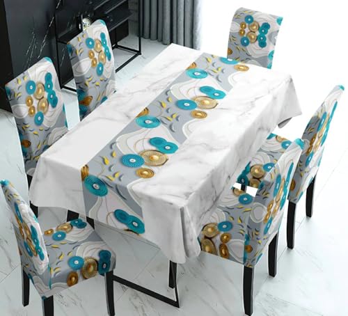 Image of Styleys Polyester Dining Rectangular Chair Cover with Table Covers for Kitchen Waterproof Dining Table Cloth (1 Table Cover + 4 Chair Cover, Circle Multi, K733)