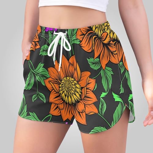 GuoChe Shorts de corrida feminino floral dourado girassol shorts atléticos cintura alta elástico lev