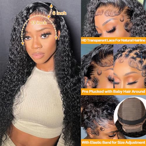 13x6 Deep Wave Lace Front Wigs - 200% Density HD Transparent Frontal Wigs - Glueless, Pre-Plucked with Baby Hair - Natural Black (30Inch) - Image 3