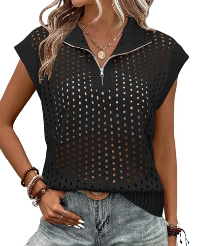 Women's Hollow Out Cap Sleeve Sweaters Vest Summer Crochet Tops Half Zip Ribbed Pullover Tank Tops2