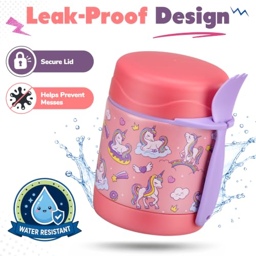 Image of 10oz Soup Thermo for Hot Food Kids,Lunch Thermo Kids Food Jar with Spoon Hot Insulated Food Containers,Leak Proof Stainless Steel Wide Mouth Lunch Thermo Jar for School(Pink-Unique Horse)