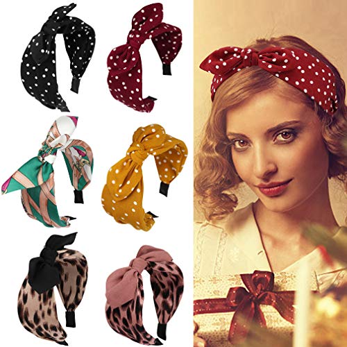 Didder 6 Pack Twist Knotted Headbands for Women, Elastic Vintage Dot Bunny Ears Hair Band for Women Floal Style Flower Printed Head Band