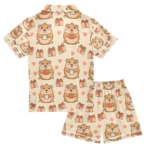 senya Capybara Animal Holding Gift Satin Summer Pajama Sets Silk Short Sleeve Button Down Sleepwear2