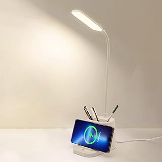 Desk Lamp with Wireless Charging, LED Desk Lamps for Study, Eye-Care Table Lamp 3 Color Reading Lamp Flexible Gooseneck Modes for Study, Work, Reading, Bedroom, Home, Office(Pen & Phone Holder)