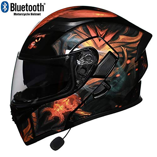 TKTTBD Bluetooth Integrated Motorcycle Helmets,Full Face Flip up Dual Visors Modular Motorcross Helmets