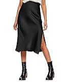 Womens Satin Silk High Waist Slit Midi Skirt Elastic Waistband Midi Skirts for Women