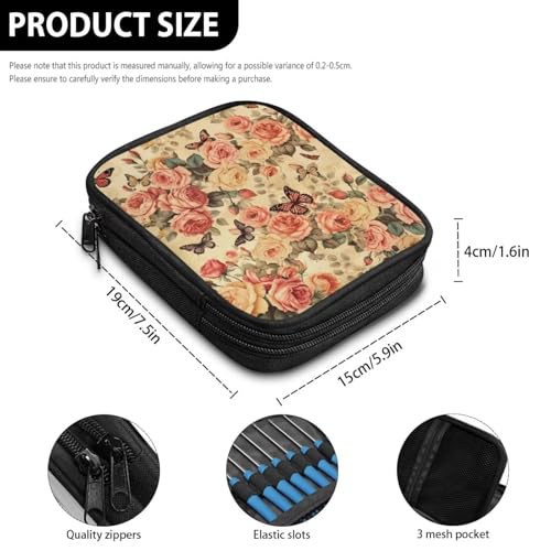 Image of Crochet Hook Case Vintage Flower Crochet Hook Holder Portable Crochet Hook Storage Bag with Web Pockets Suitable for Crochet Needles /Knitting Accessories