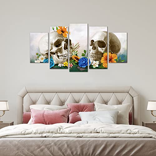 Conipit Large Skull Flower Canvas Wall Art Gothic Skeleton Pictures Floral Skull Painting Vibrant Flower Print Halloween Day Of Dead Artwork Framed 5 Panel Ready To Hang #TOP3