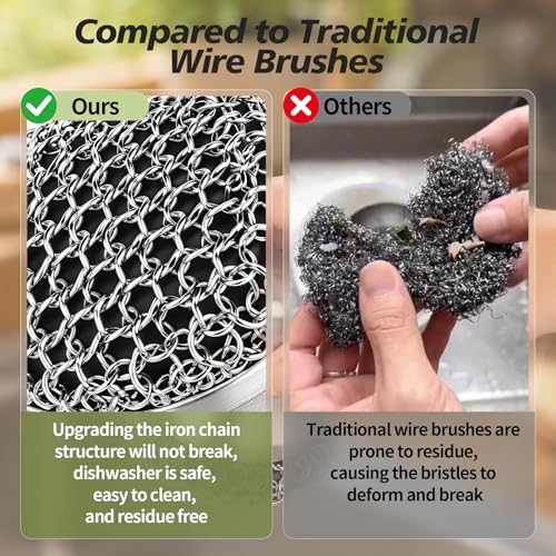 Image of Cast Iron Scrubber and Scraper, 316 Chain Mail Scrubber for Cleaning Dishes, Stock Pots, Black, 1 Count ((Large Chain Mail))