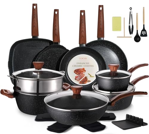 26Pcs Pots and Pans Nonstick Ceramic Cookware Set Nontoxic Kitchen Cooking Set with Steamers...