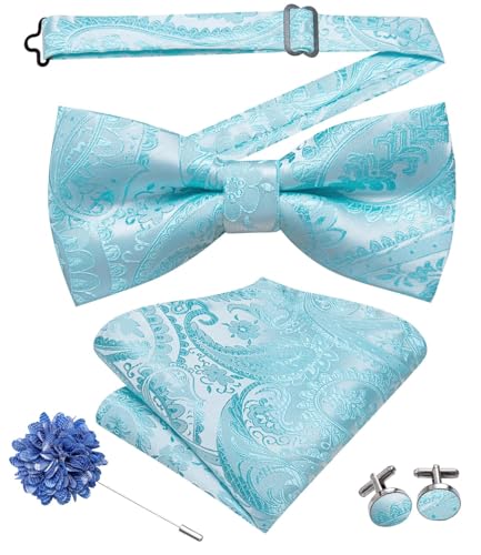 Image of Hi-Tie Bow Tie Men Pre Tied Bowtie Pocket Square Cufflinks Lapel Pin Formal Wedding Bow Ties for Men Party Tuxedo Bowtie Set,Light Blue Paisley Floral