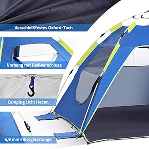 Glymnis Strandmuschel Quick Up Strandzelt Automatisches Strand Zelt mit Reißverschlusstür UV-Schutz 50+ Windschutz kleines Packmaß Strandzelt für 3 bis 4 Personen 2 Schnorchelmasken 51he0dCoDjL. SS300 Quick Up: Automatischer Aufbau und einfacher Abbau. Nur 10 bis 60 Sekunden Aufbauzeit (Quick Up System), einfacher im Abbau als eine selbstaufbauende Pop Up Strandmuschel
UV-Schutz 50+: UV 50+ Sonnenschutz, ideal für den Urlaub mit Kindern am Meer (Hinweis: Sie müssen immer noch Sonnenschutzmittel auftragen)
Luftiges Design: Das Netzfenster an seinen 3 Wänden sorgt für eine ausgezeichnete Belüftung. Die linke Tür mit einem Reißverschluss kann zur Belüftung geöffnet werden, sorgen für Belüftung und kühle Zeit am Meer