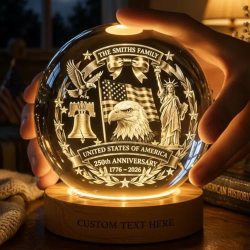 Image of 250 Anniversary Usa Merchandise, Personalized 250th Anniversary Crystal Ball Night Light, Custom 1776-2026 USA LED Lamp, Engraved Patriotic Gift, American Independence Decor Light for Home Family