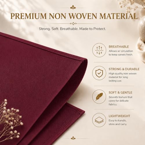 Image of Non-Woven Saree Cover Bag Set of 12 with Transparent Window & Smooth Zipper | Maroon Wardrobe Organizer for Sarees, Dresses, Lehengas & Ethnic Wear | Reusable Storage Bags