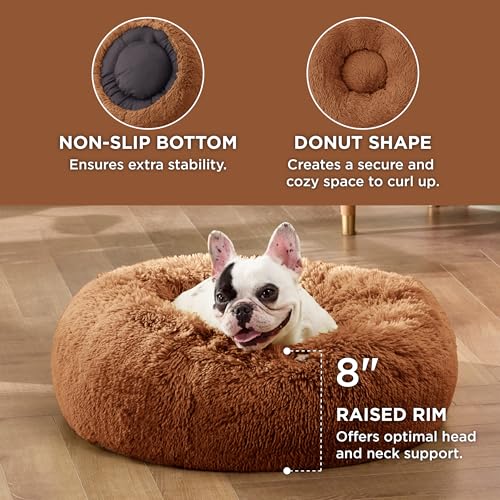 Image of Bedsure Calming Dog Bed for Small Dogs - Donut Washable Small Pet Bed, 23 inches Anti-Slip Round Fluffy Plush Faux Fur Large Cat Bed, Fits up to 25 lbs Pets, Copper