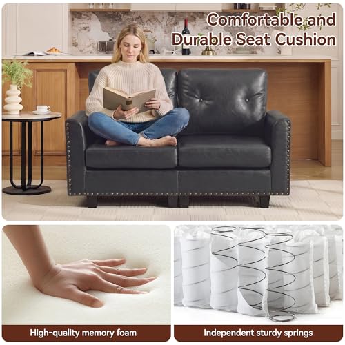 Image of 71 inch Faux Leather Modular Sectional 3 Seater Couch with Storage Ottoman, Vintage PU Leather L Shaped Sofa with Nailhead Trim, Mid Century Modern Tufted Couches for Living Room, Bedroom, Office, Black
