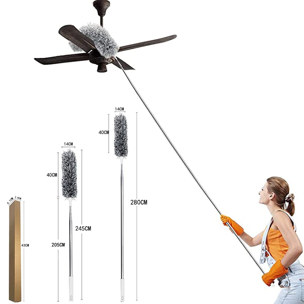 Rayking Microfiber Duster with Extension Pole with Protective Head Cap -No Scratch to Ceiling,Extra Long 100 inches Feather Duster for Cleaning High Ceiling Fan,Interior Roof,Cobweb,Gap Dust