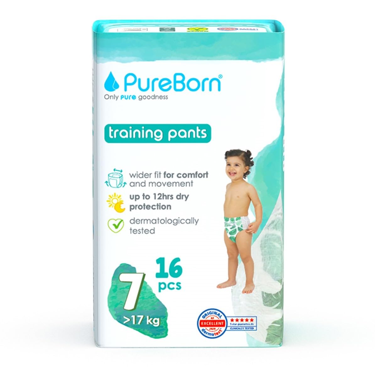 PureBorn Pieluchomajtki Baby Pants, Rozmiar 7 (17+ kg), 16 Sztuki, Doskonała Ochrona i w Dzień i w Nocy, Wyjątkowo Miękkie, Przyjazne dla Skóry, Testowane Dermatologicznie