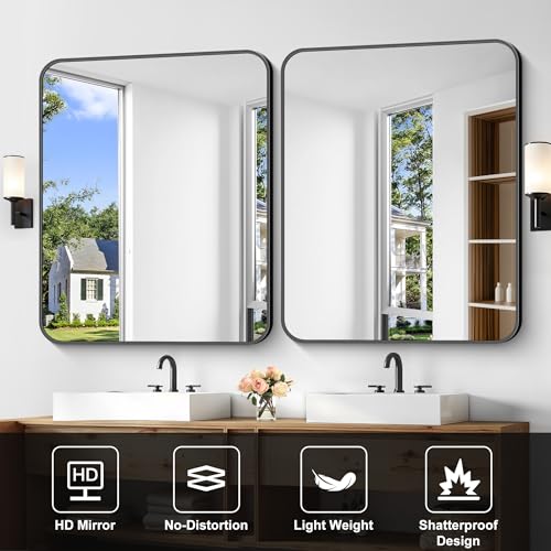 Image of Bathroom Mirror, 36 x 30 inch Metal Framed Black Rectangle Mirror, Rounded Corner Rectangular Vanity Mirror, Wall Mounted Mirror for Modern Bedroom Living Room Hangs Horizontal or Vertical