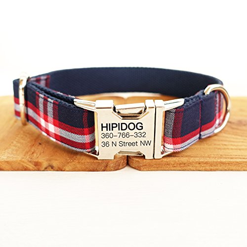 hipidog Personalized Dog Collar, Custom Engraving with Pet Name and Phone Number, Adjustable Tough Nylon ID Collar, Matching Leash Available Separately (Scottish Blue)
