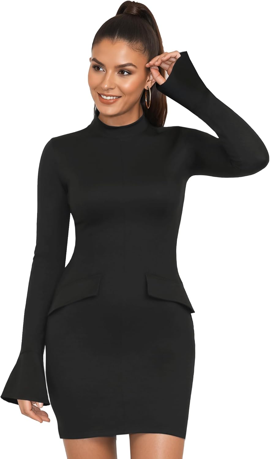 YOGINGO Women's Fall Long Sleeve Mock Neck Dress with Decorative Pockets,Bodycon Mini Short Party Club Dress 2026 - Image 9