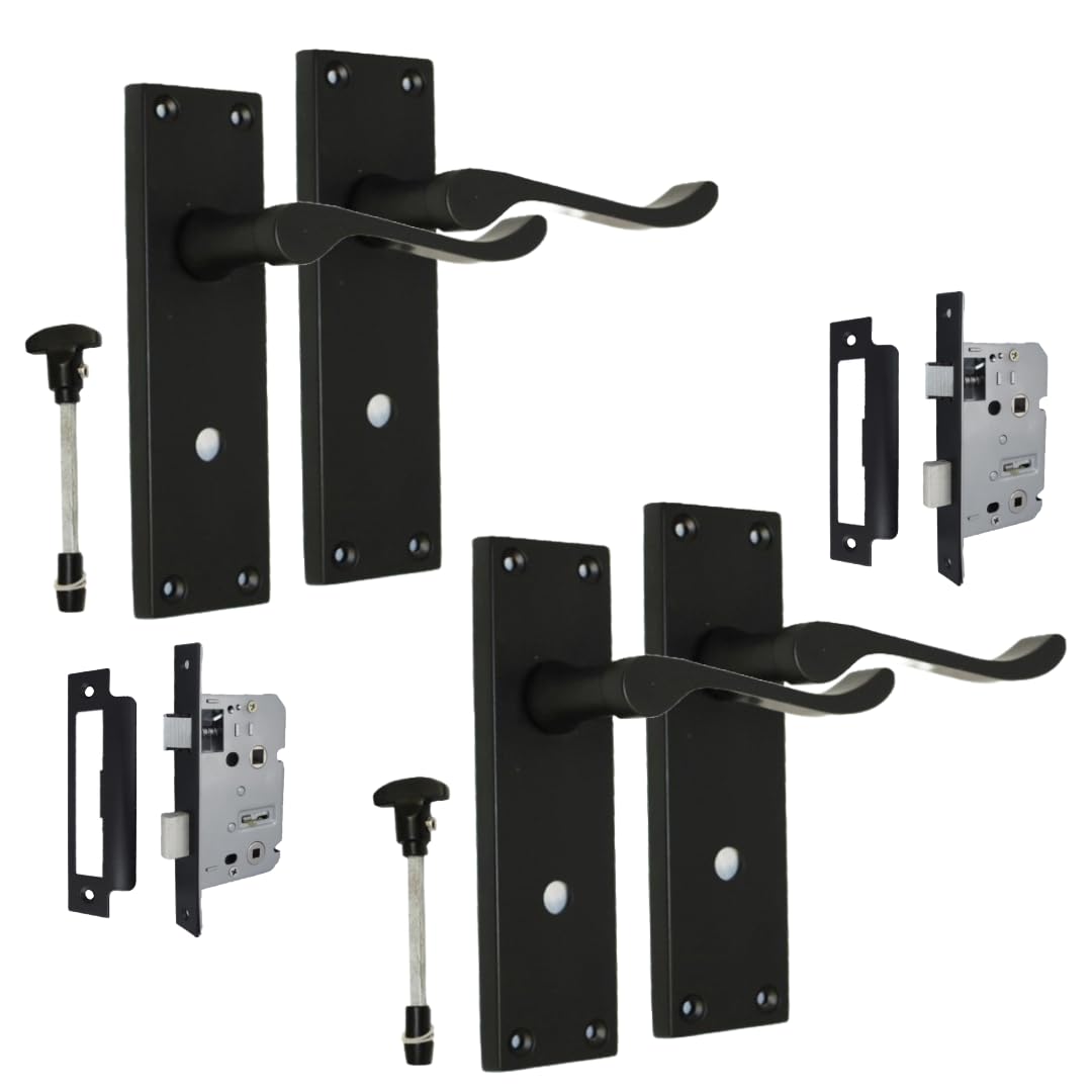 Epsom Door Handle Black Victorian Style Matt Bathroom Door Handle Sets – Includes Privacy Turn & 3 Lever Sash Lock – Lever On Backplate 150Mm X 42Mm – 2 Sets