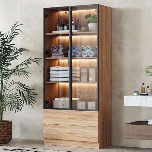 Terahanda Mueble de baño mediano con barra luminosa de 75 cm de ancho, con 2 cajones grandes y 2 puertas de cristal