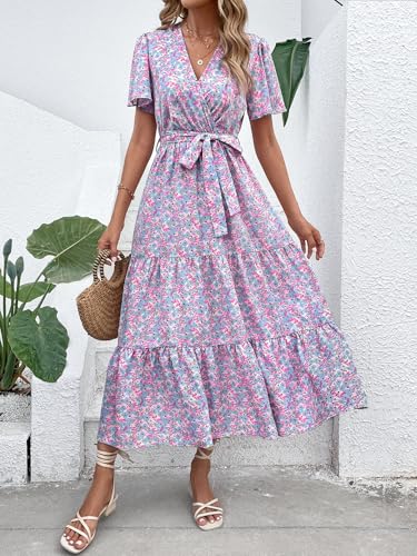 Image of MASCOMODA Women Boho Swiss Dot Maxi Dresses Wrap V Neck Flutter Short Sleeve Solid Tie Waist A Line Tiered Flowy Long Dresses