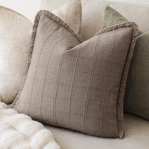 Image of Foindtower Set of 2 Decorative Linen Check Fringe Throw Pillow Covers Farmhouse Vintage Cushion Covers Modern Boho Home Decor for Sofa Chair Couch Bedroom Living Room Outdoor,24x24 Inch,Tan Taupe