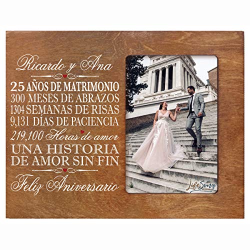 LifeSong Milestones Personalized 25th Anniversary Picture Frame Marriage Keepsake Gift with Spanish Verse - Twenty Five Years Wedding Gift for Parents Husband Wife Him Her Holds 8x10 Photo (Walnut)