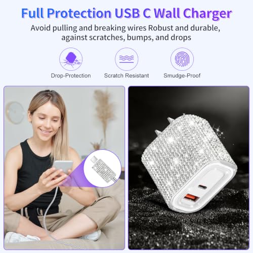 Image of Aolcev for iPhone Charger Fast Charging Bling USB C Wall Charger Block 30W Type C Cord Fast Charging Blocks with USB C Cable for iPhone 17 16 15 Pro Max iPad Galaxy S26 Bling Phone Charging for Women