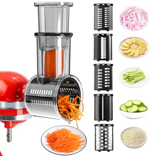 Stainless Steel Slicer Shredder Attachments for KitchenAid Stand Mixers - Vegetable Shredder, Cheese Grater, Salad Maker with 5 Detachable Blades - Chopper, Grinding Powder Accessories(Black)
