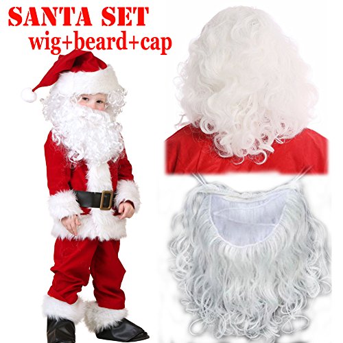 Claus Santa Wig and Beard Set Only Deluxe White Long Curly Wigs Adult Role Play Christmas Costume Accessory 240g + Free Cap