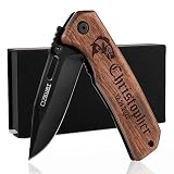 Personalized Pocket Knife - Engraved Pocket Knife with Walnut Wood Handle - 36 Icons, 13 Stylish Fon